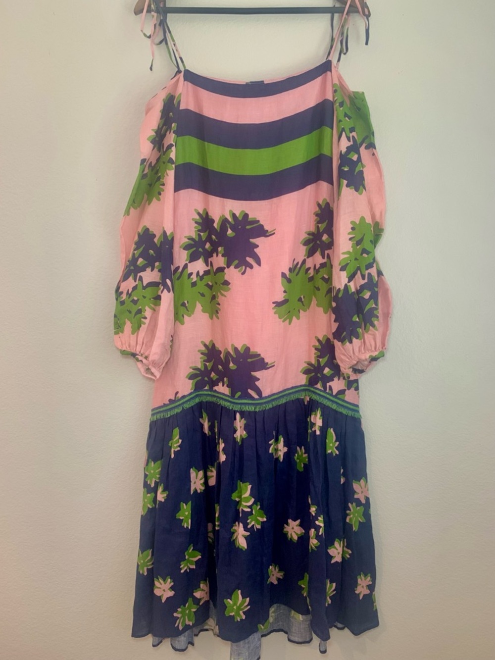 Silvia Tcherassi Oristano Off-Shoulder Linen Dress Navy Pink Blossom Floral Midi - Picture 4 of 15